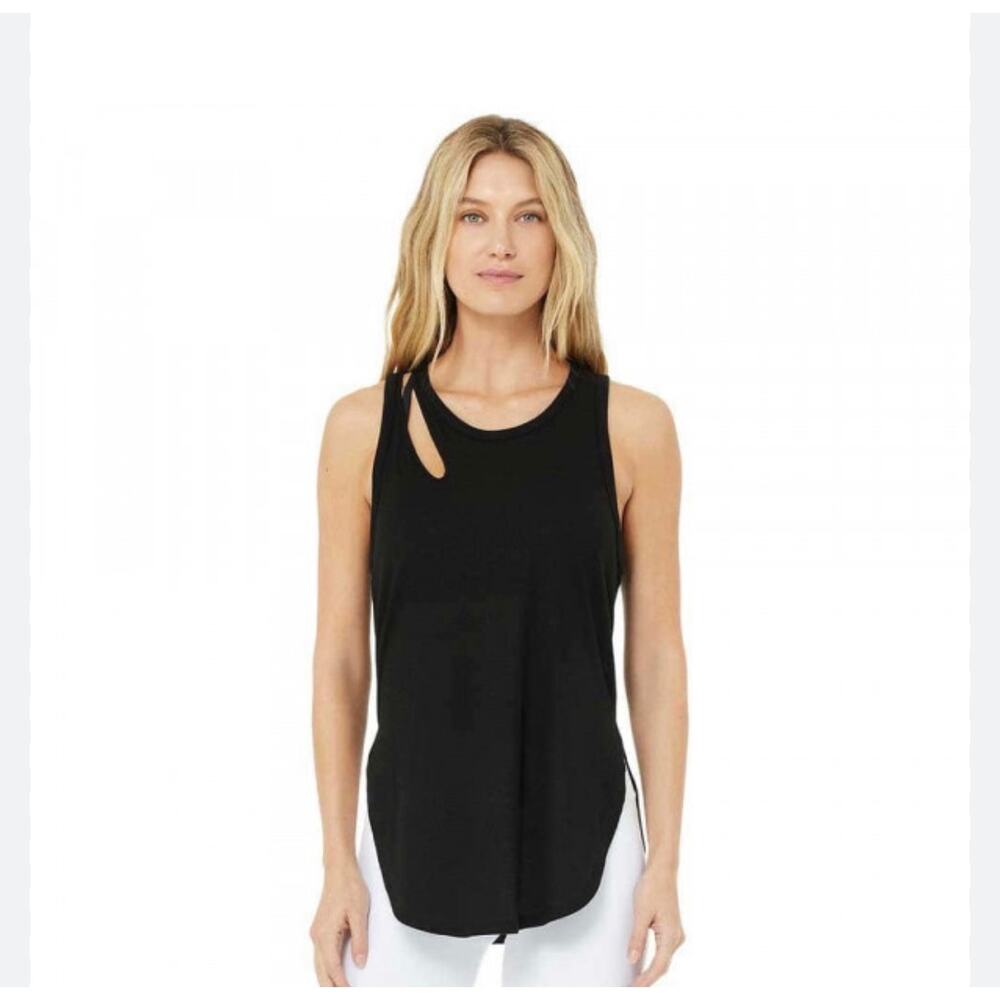Alo Yoga Peak Ribbed Cutout Black Tank Top Shirt Asymmetrical Sz Small S
